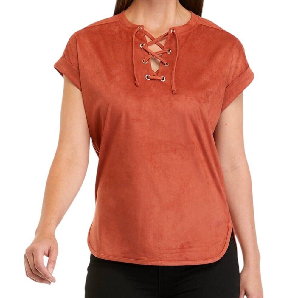 Cupio Womens Plus 2XL Faux Suede Lace Up Top Rust Orange Boho Western New w Tags